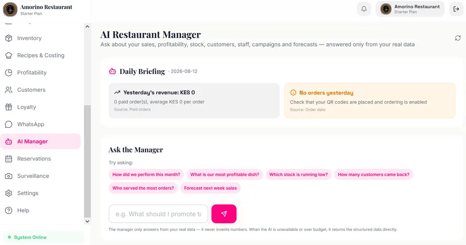 AI restaurant manager chat screen