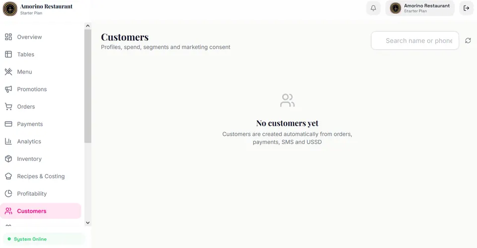 Customer management screen