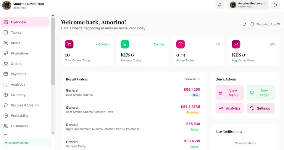 Menu Moja owner dashboard