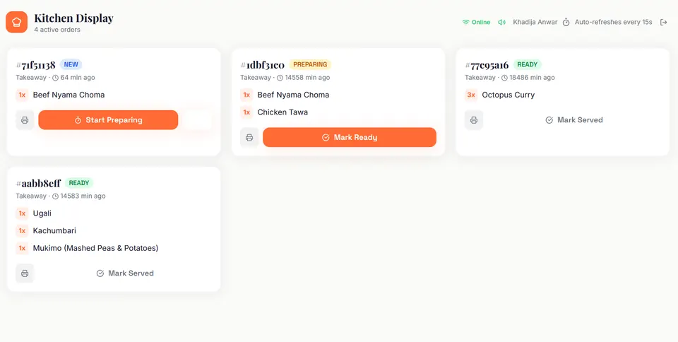 Kitchen display system showing incoming orders