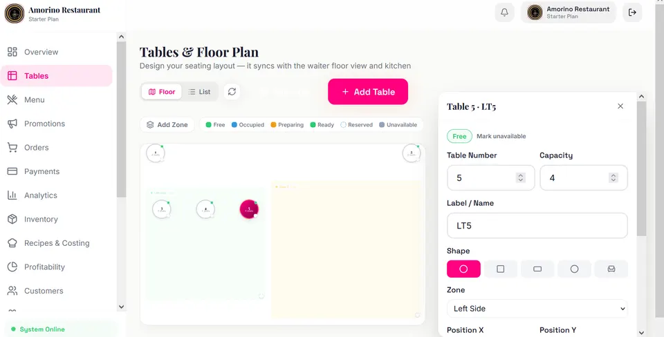 Restaurant floor plan with table statuses